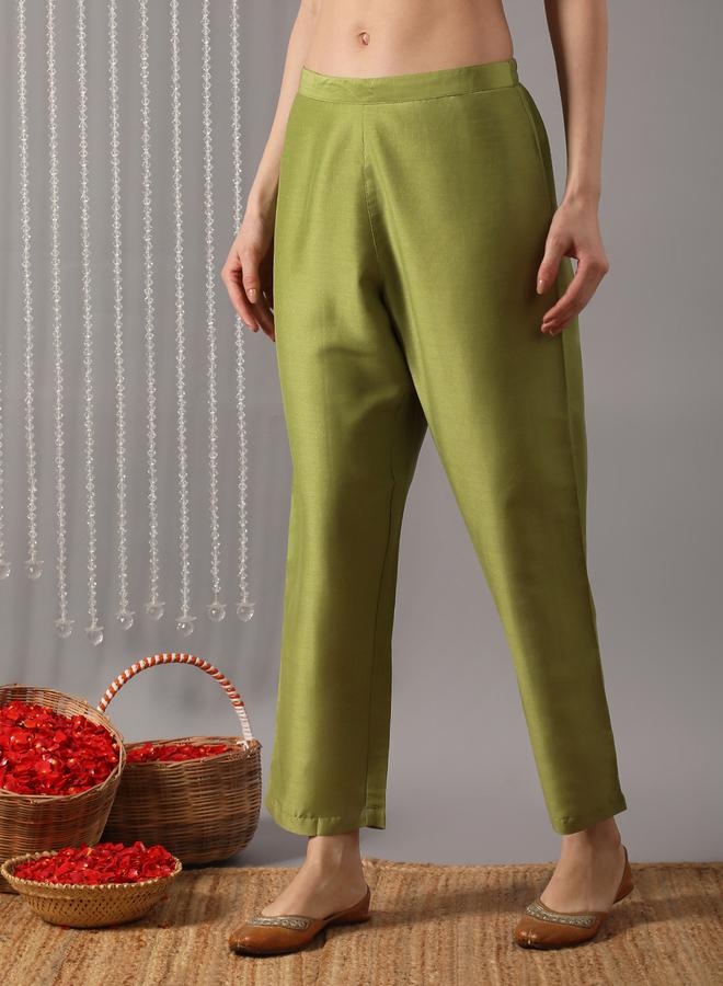 globus Women Green Embroidered A-Line Kurta with Pant and Dupatta Set - Image 4